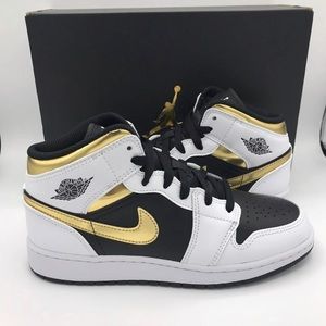 NWB Air Jordan 1 Mid GS White Gold Black Sneakers